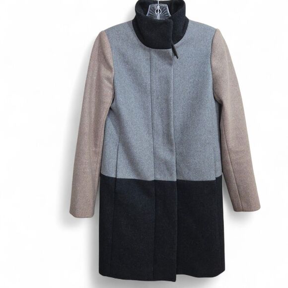 J. Crew Colorblock Funnel Neck Coat Wool Jacket Size 0 Long Line Pockets Neutral - Picture 1 of 12